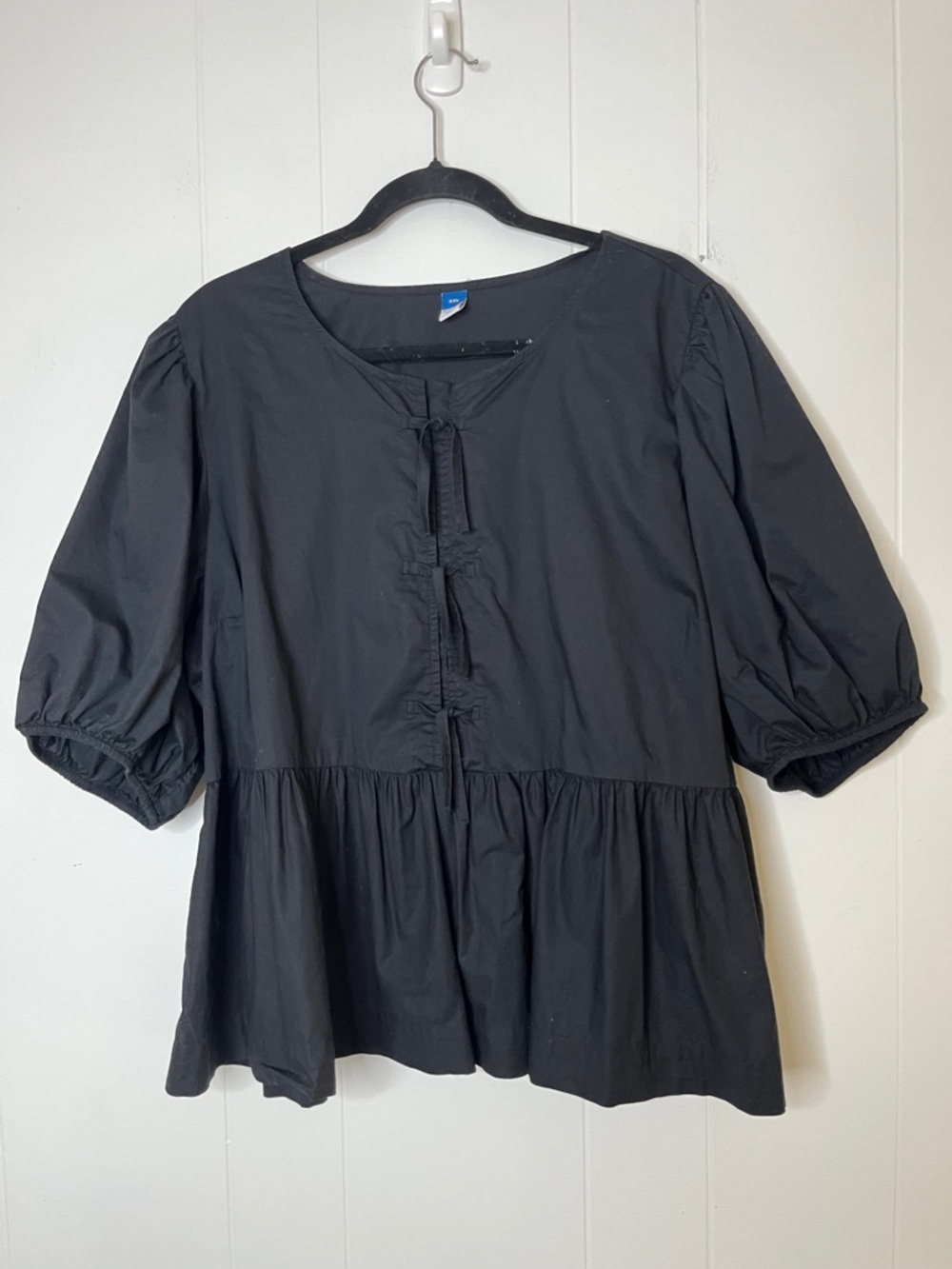 Old Navy Black Peplum Puff-Sleeve Top Tie Front Woven Cotton Size XXL